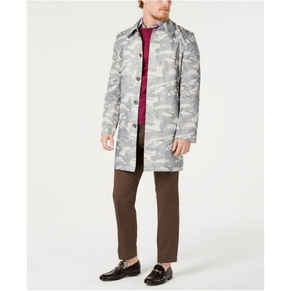 Tallia Classic Grey Camo Long Trench Raincoat Button Front Size Large